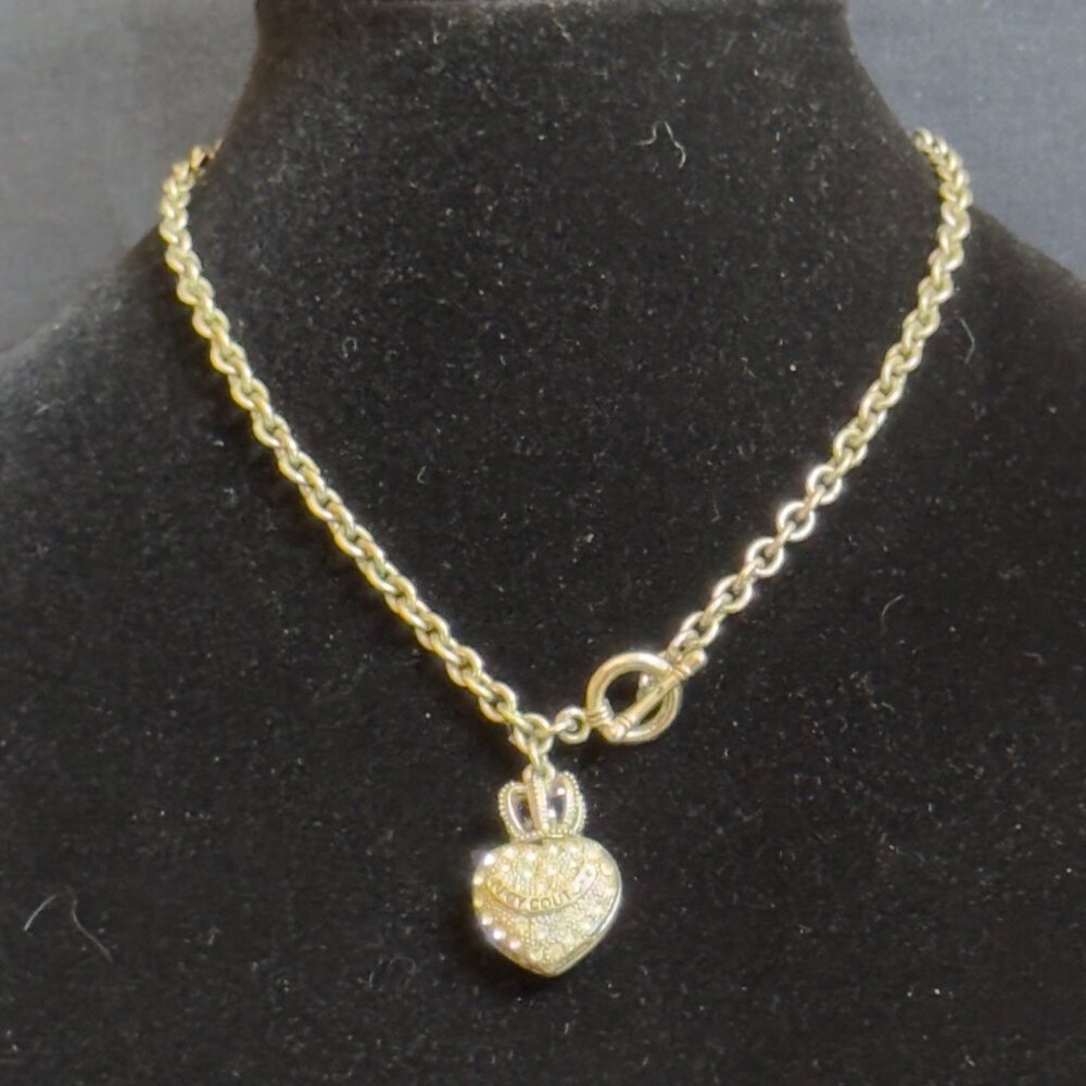 Juicy Couture Silver-Tone Crown Puff Heart Charm Necklace Toggle Closure Vintage